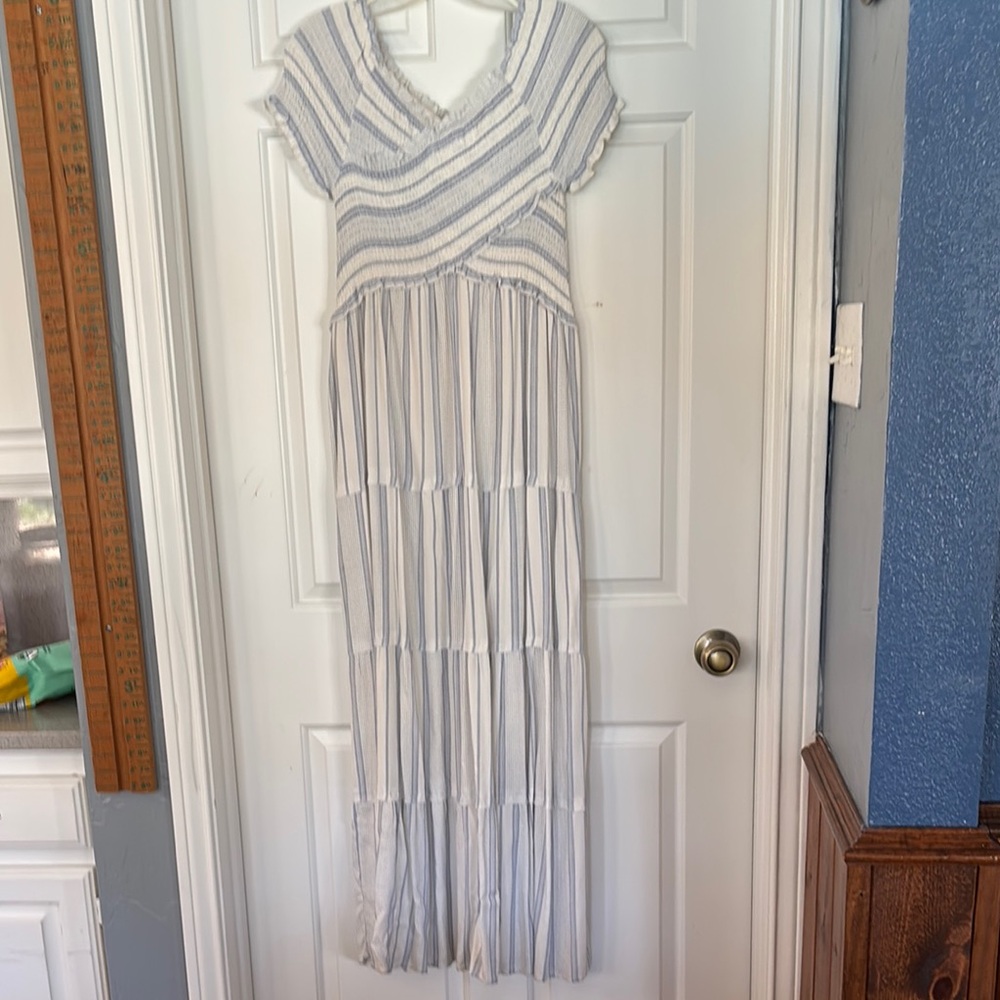 Striped White and Blue Maxi Dress